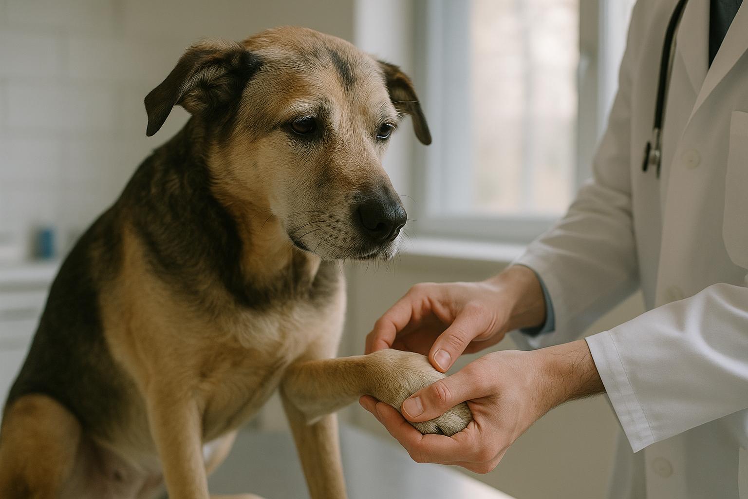 Mixed-breed dog being examined by a veterinarian in a clinic, representing canine osteoarthritis testing.