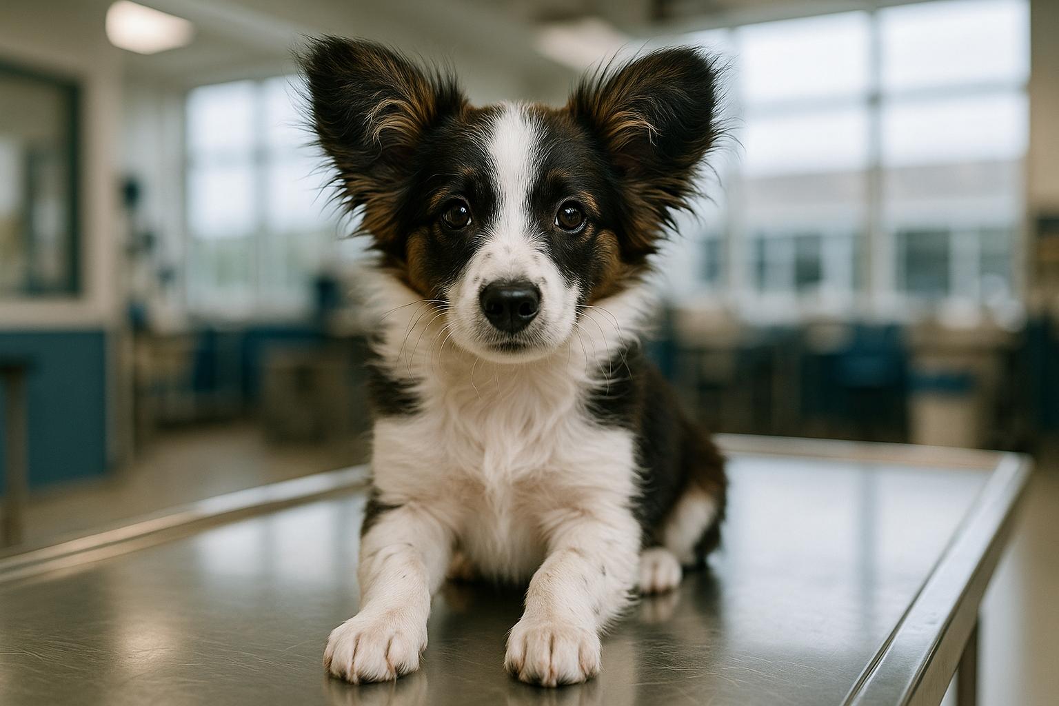 Border collie/Papillon mix puppy on an exam table in a veterinary clinic, alert and healthy-looking