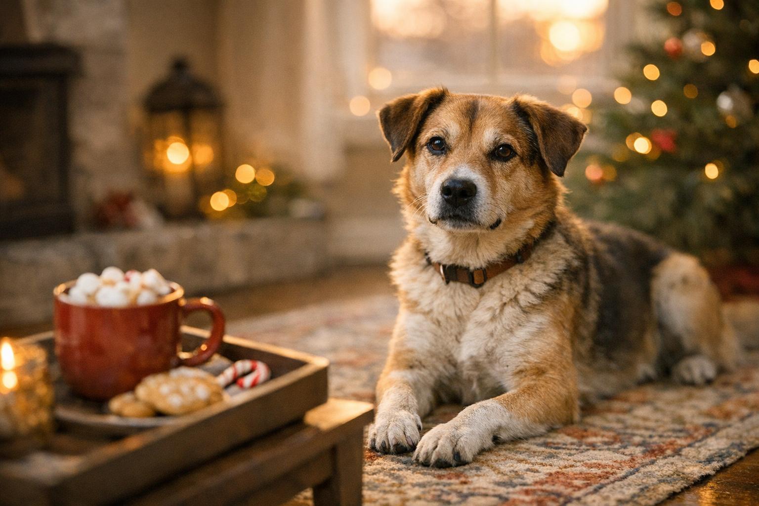 A medium mixed-breed rescue dog resting on a living room rug amid cozy holiday decorations and a tray with cocoa and treats