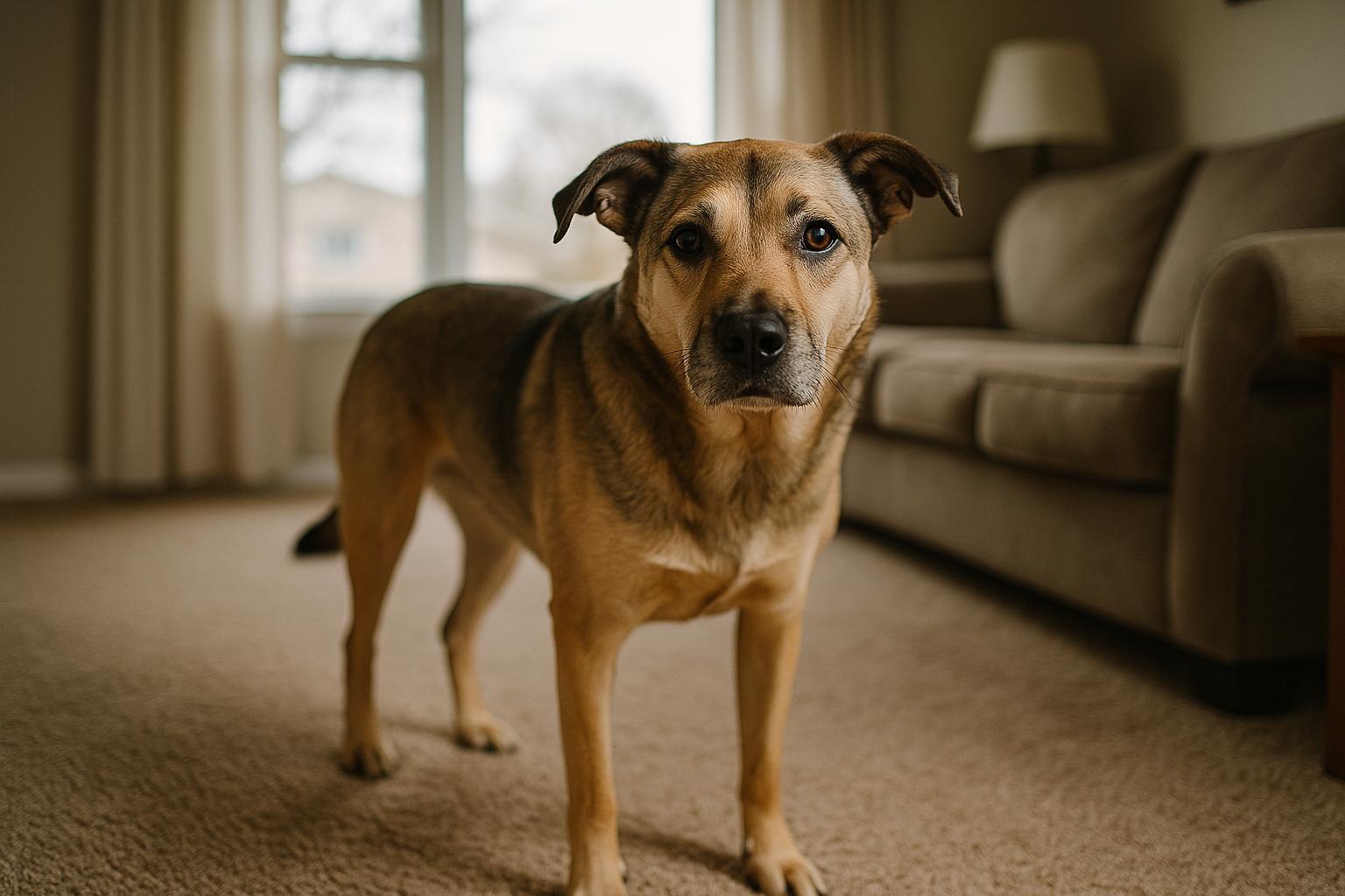 A calm mixed-breed dog standing with all four paws on the floor in a living room, being petted gently.
