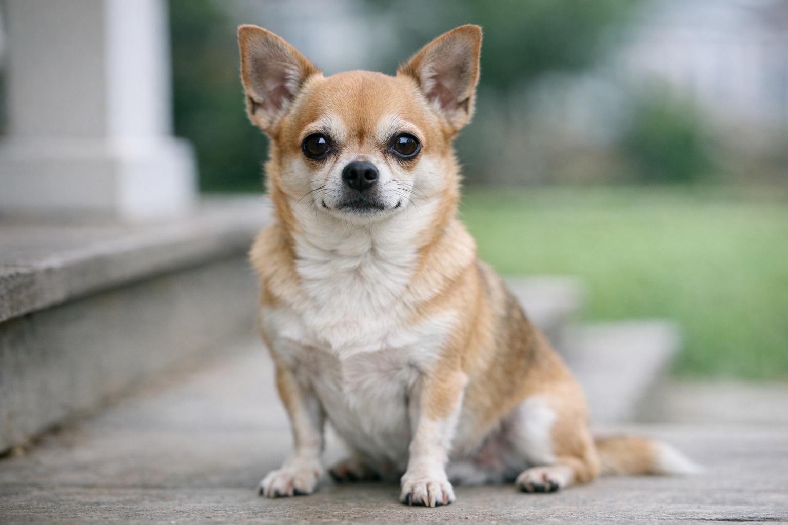 A Chihuahua sitting on a suburban front porch in soft, diffused light