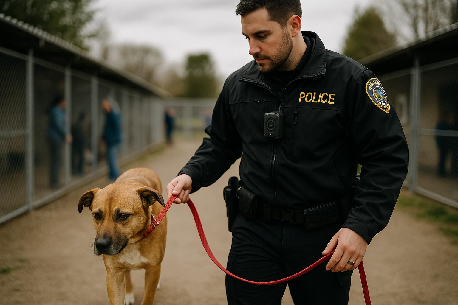 Missoula Police Department officer walking a mixed-breed shelter dog in a shelter yard, overcast light, documentary style