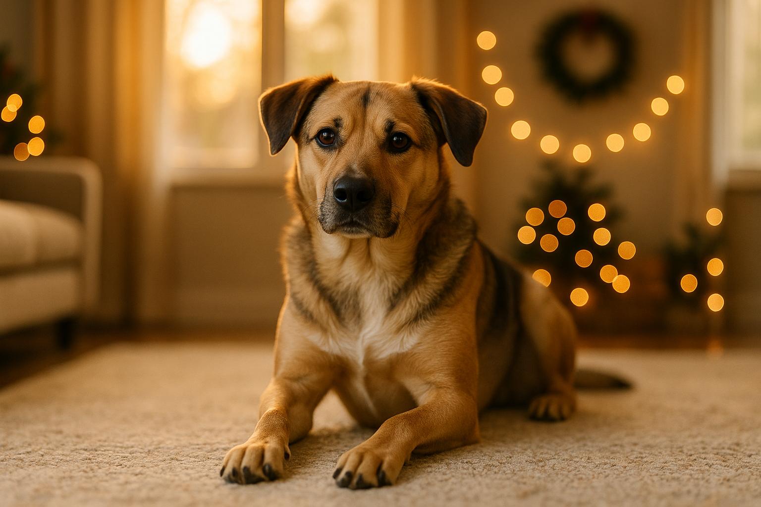 Medium-sized mixed-breed dog sitting calmly in a living room with subdued holiday decorations, warm sunlight