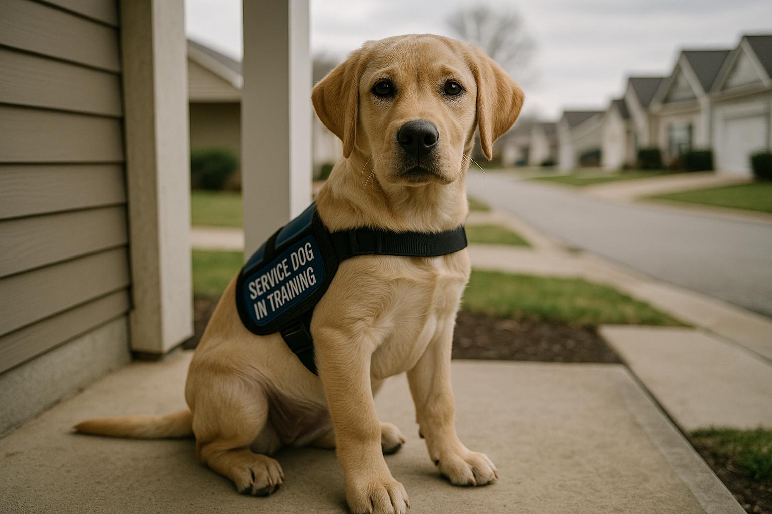 A service dog in training wearing a vest, sitting on a suburban front porch in soft light