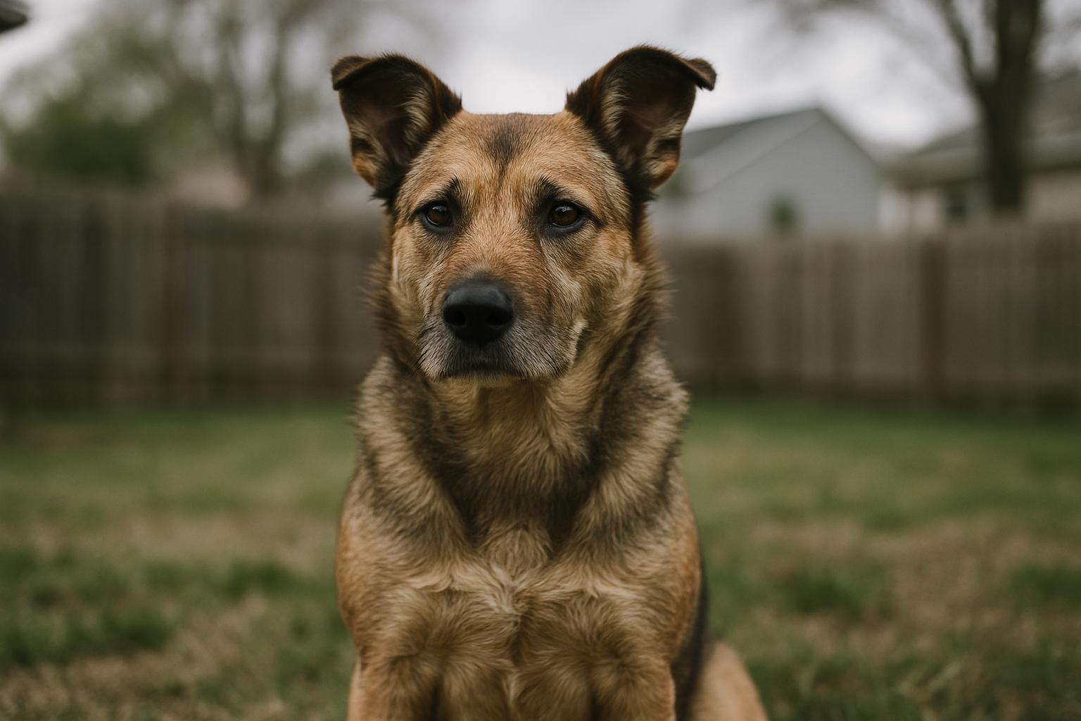 Medium-sized mixed-breed dog sitting in a suburban backyard with soft, overcast lighting