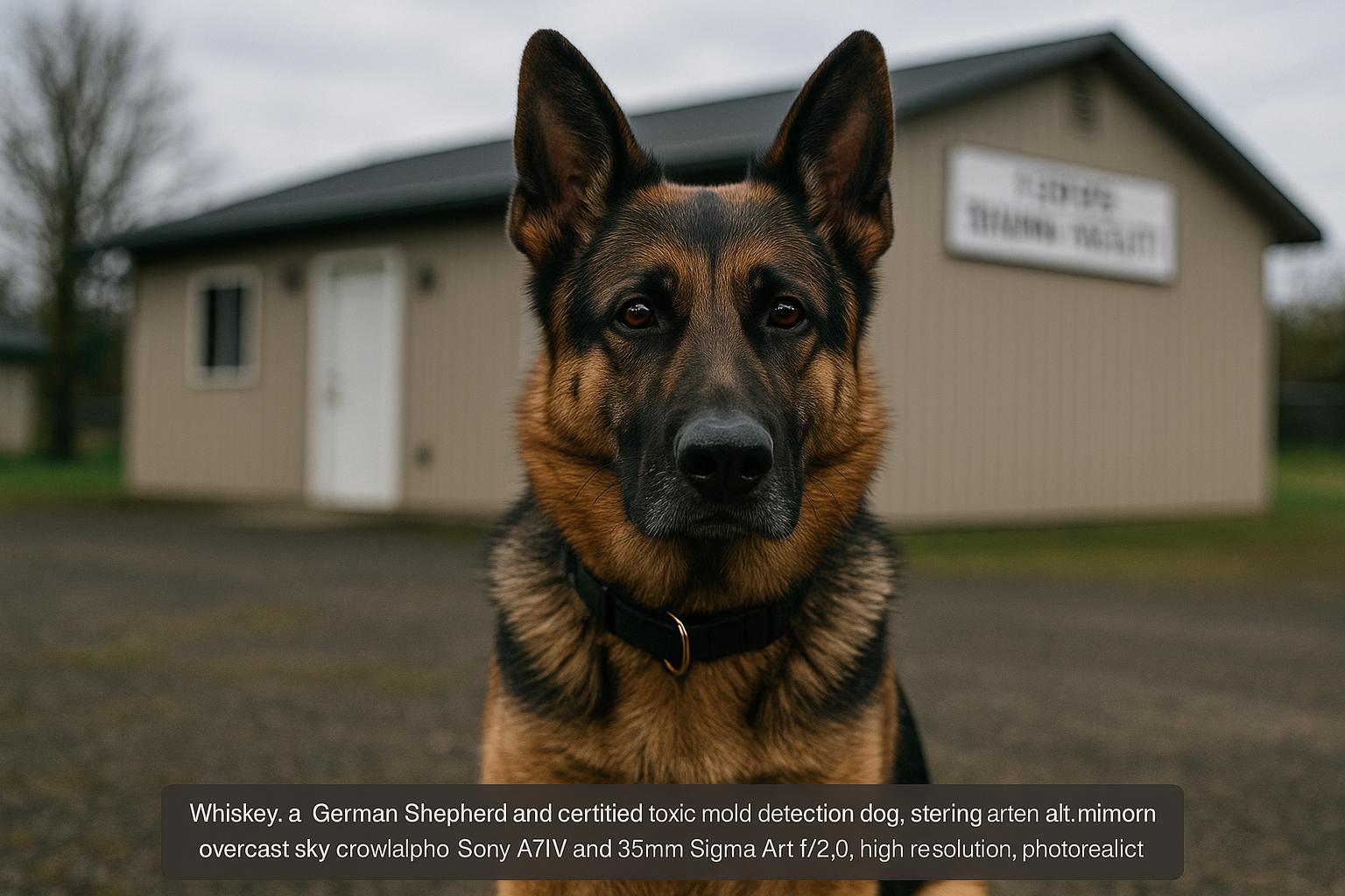 Whiskey, a German Shepherd detection dog, sitting alert outside D&G Training facility at 12095 S. Barbara Way in Molalla, Oregon.