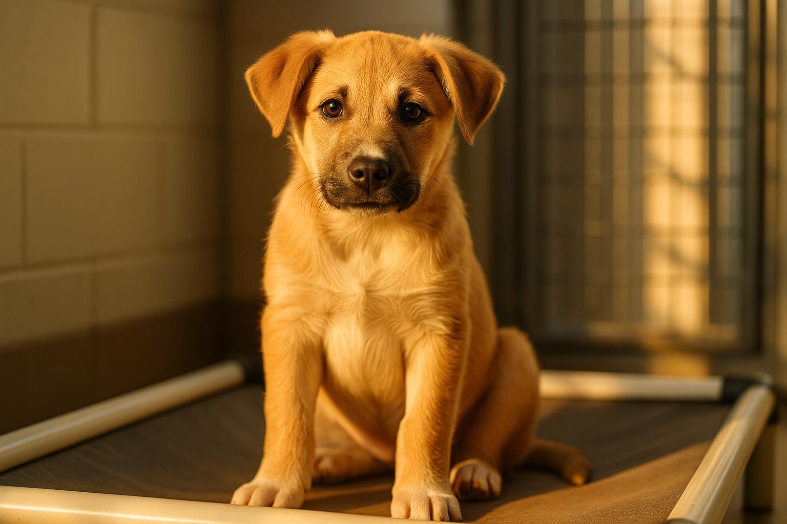 Monarch, a 6-month-old tan-and-white puppy, sitting on a kennel bed in a shelter recovery room
