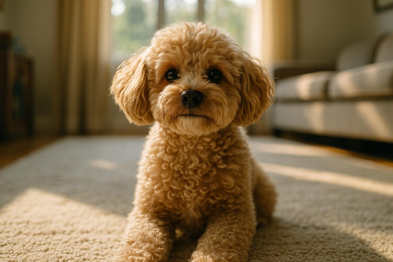 A Maltipoo (Moodle) with a fluffy, wool-like curly coat sitting on a living room rug in soft natural light