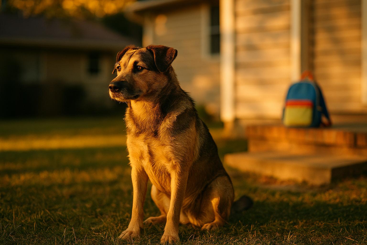 Medium-sized mixed-breed family dog sitting in a suburban backyard at golden hour