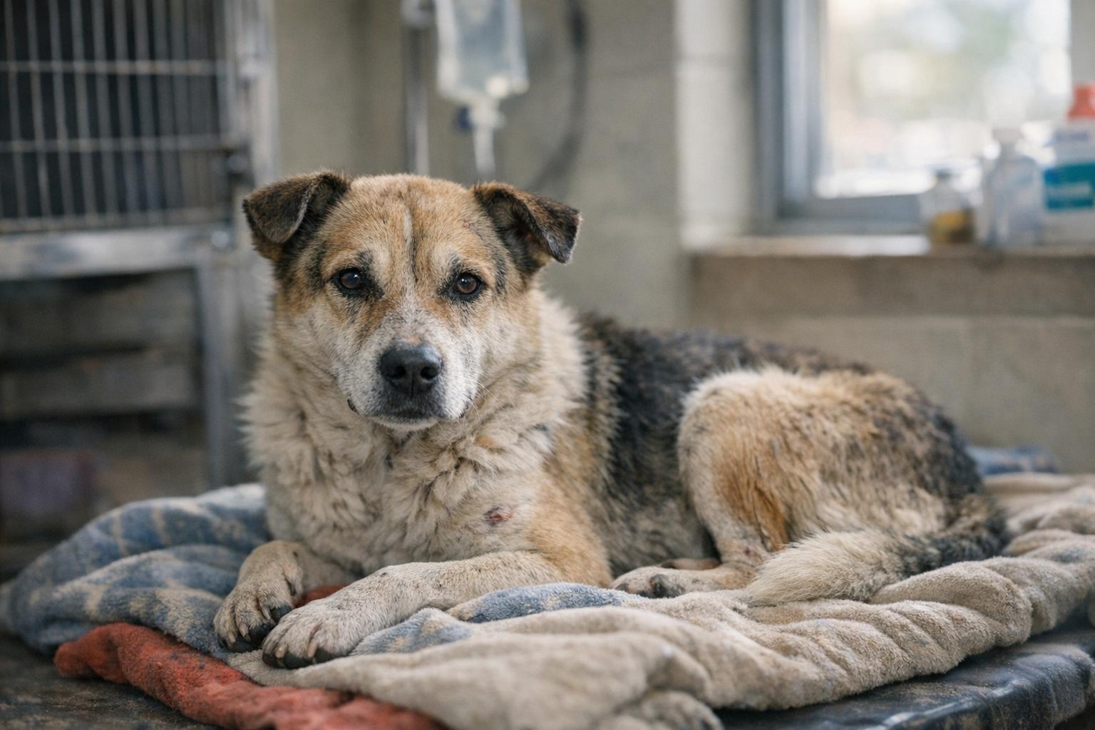 A mixed-breed dog resting on a blanket inside a shelter clinic receiving care