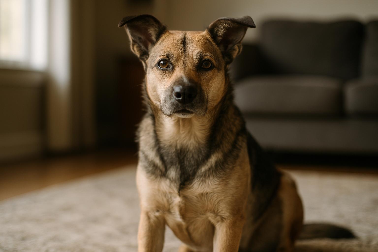 Mixed-breed dog sitting alert on a living room rug, looking attentive