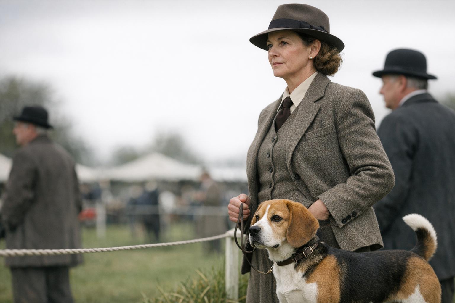 Attendee in 1940s-style outfit with a Beagle at the Morris & Essex Kennel Club Dog Show in New Jersey