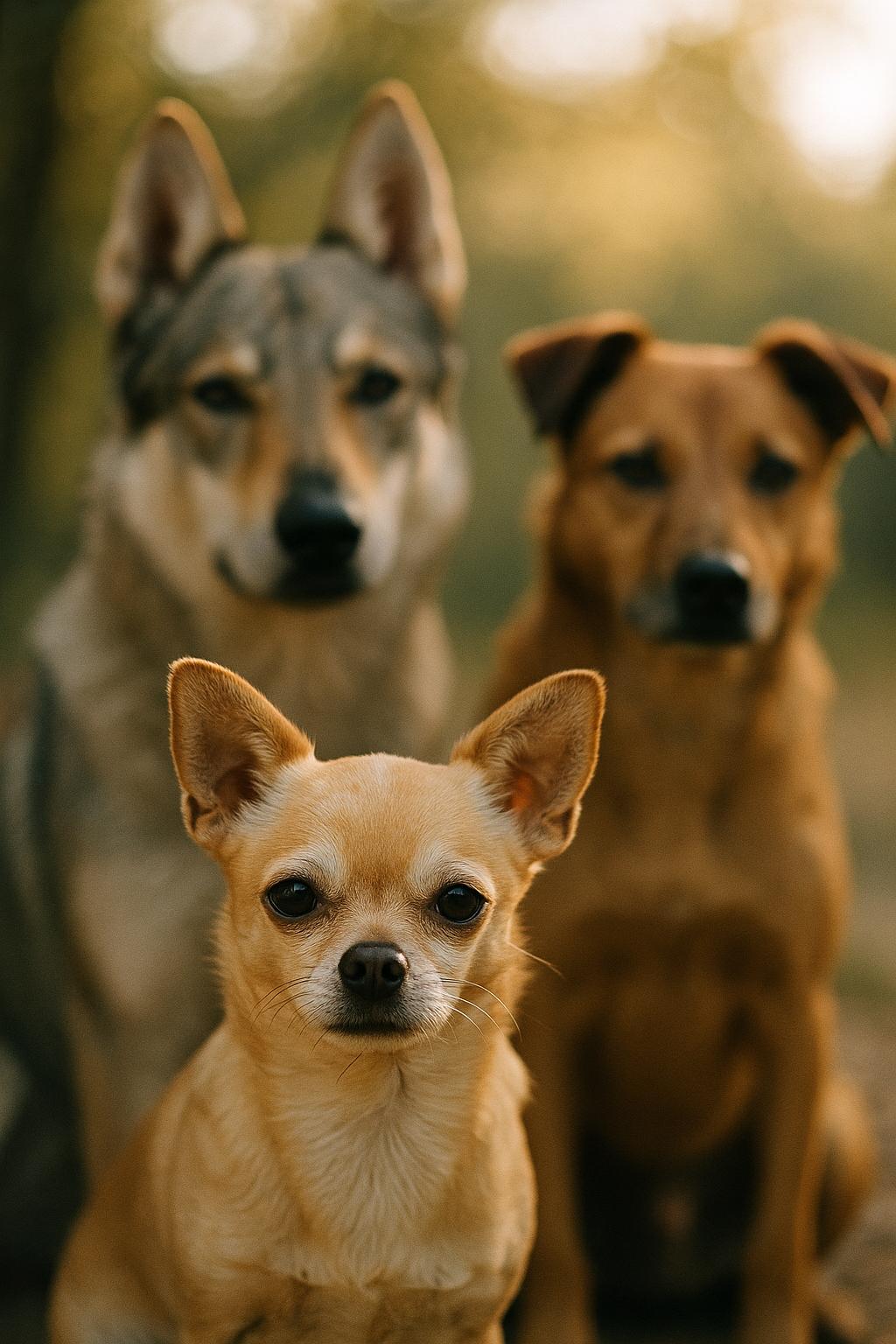 Photorealistic image of a Chihuahua with a Czechoslovakian wolfdog and a village-type dog in soft natural light.