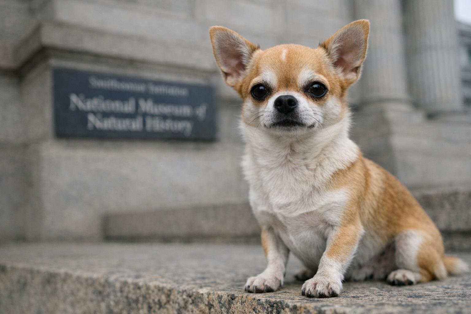 Chihuahua sitting on stone steps outside the Smithsonian National Museum of Natural History in Washington, D.C., photographed in soft overcast light