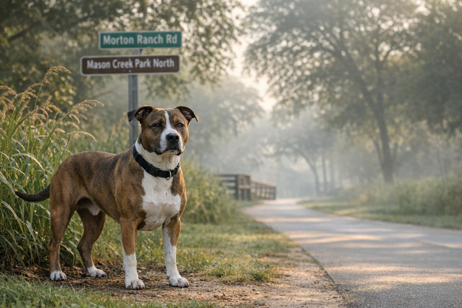 Adult pit bull mix standing on a suburban walking trail near trees and a paved path in soft morning light.
