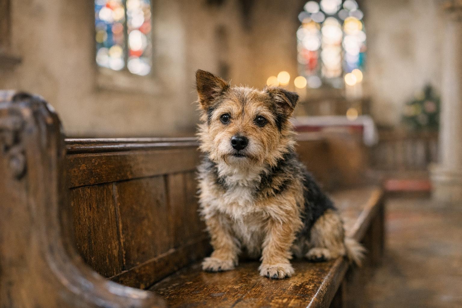 A small terrier sitting on a wooden pew inside St John the Baptist Church during a Christmas Eve dog service