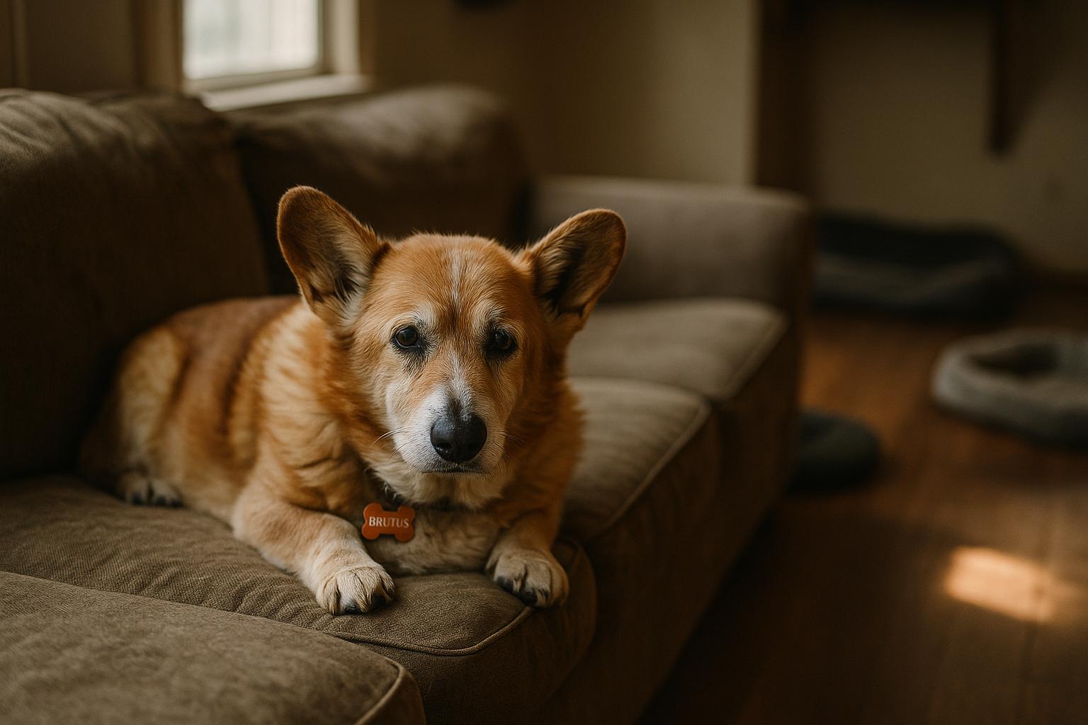 Senior corgi named Brutus lying on a couch inside a sanctuary living room with dog beds and sunlight on the floor