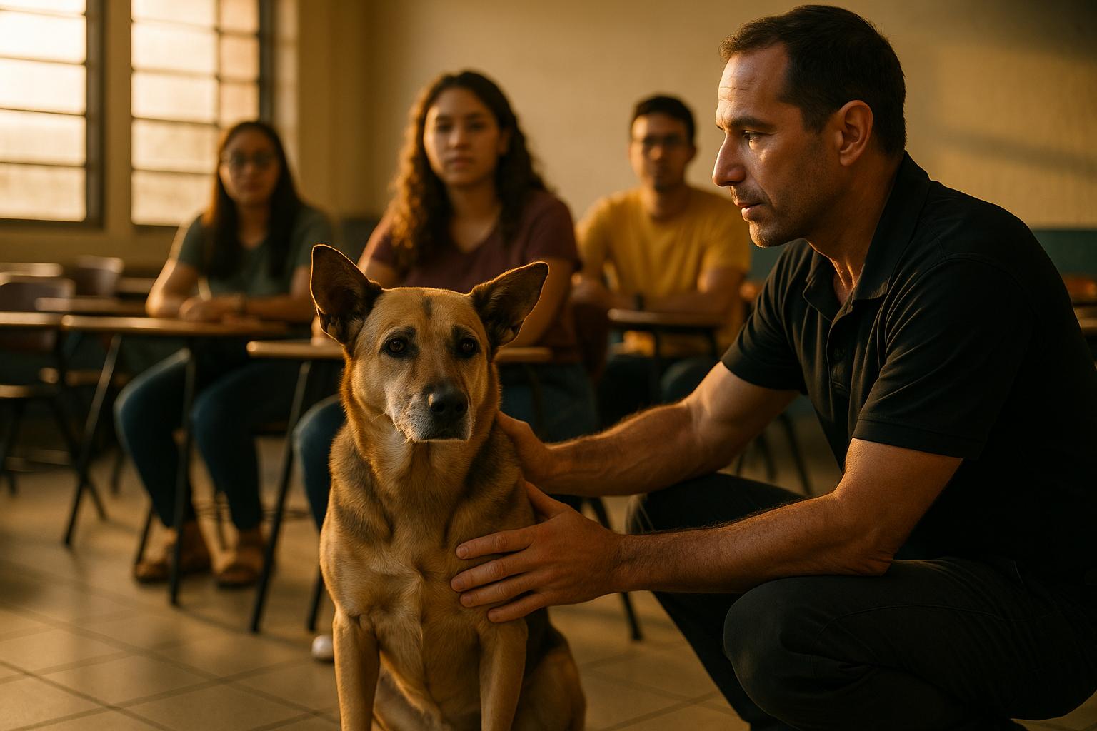 Instructor from Mr. Pit kneeling beside a medium mixed-breed dog in a university classroom, students observing