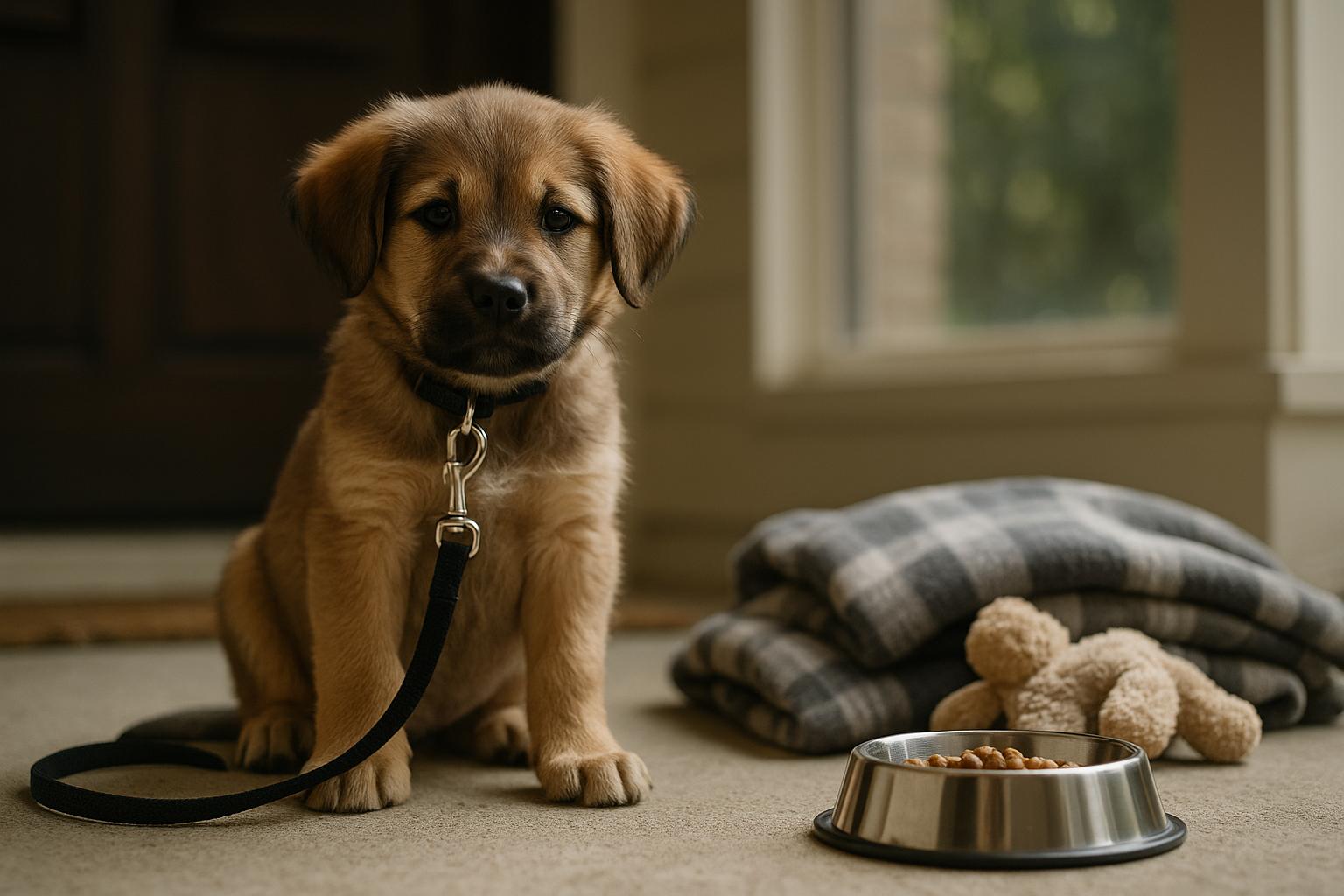 A young puppy on a front porch next to basic puppy supplies, photographed in natural morning light