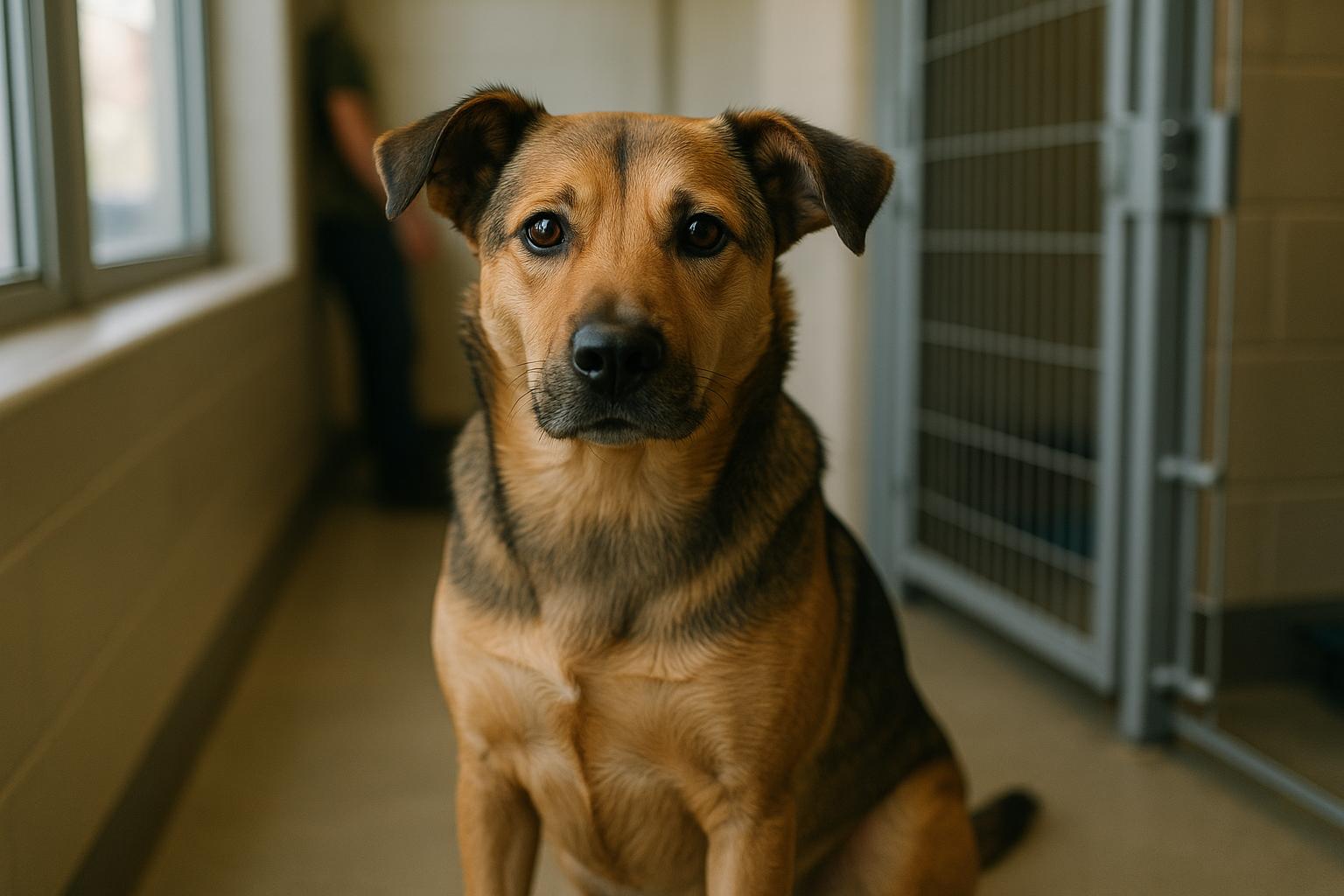 A medium-sized mixed-breed dog sits in a shelter adoption room, calm and alert, with a volunteer's hand blurred in the background.