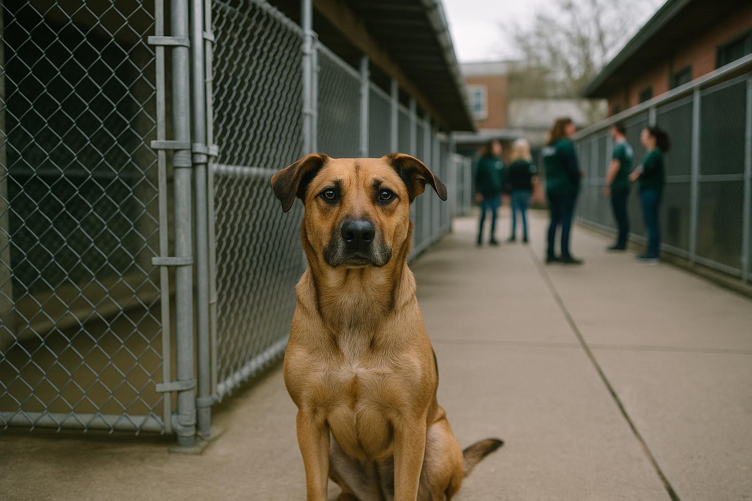 Adult mixed-breed dog at a shelter adoption area in Boston during a fee-waived event
