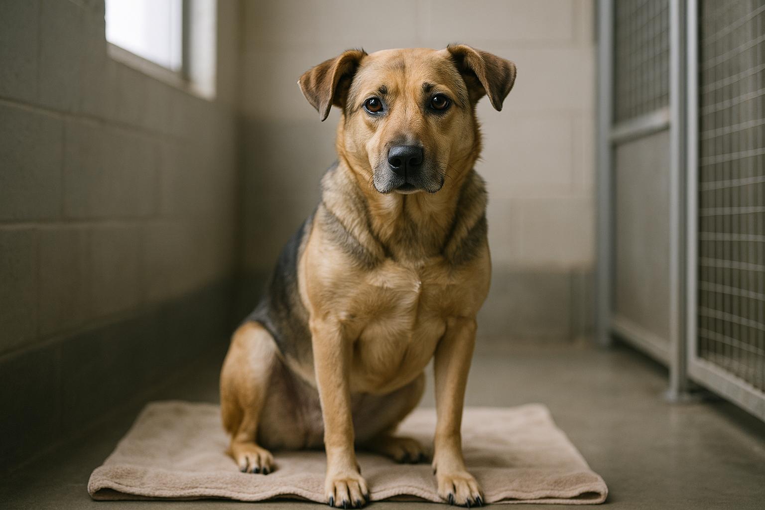 An adult mixed-breed shelter dog sitting calmly on a towel in a kennel, photographed in soft natural light