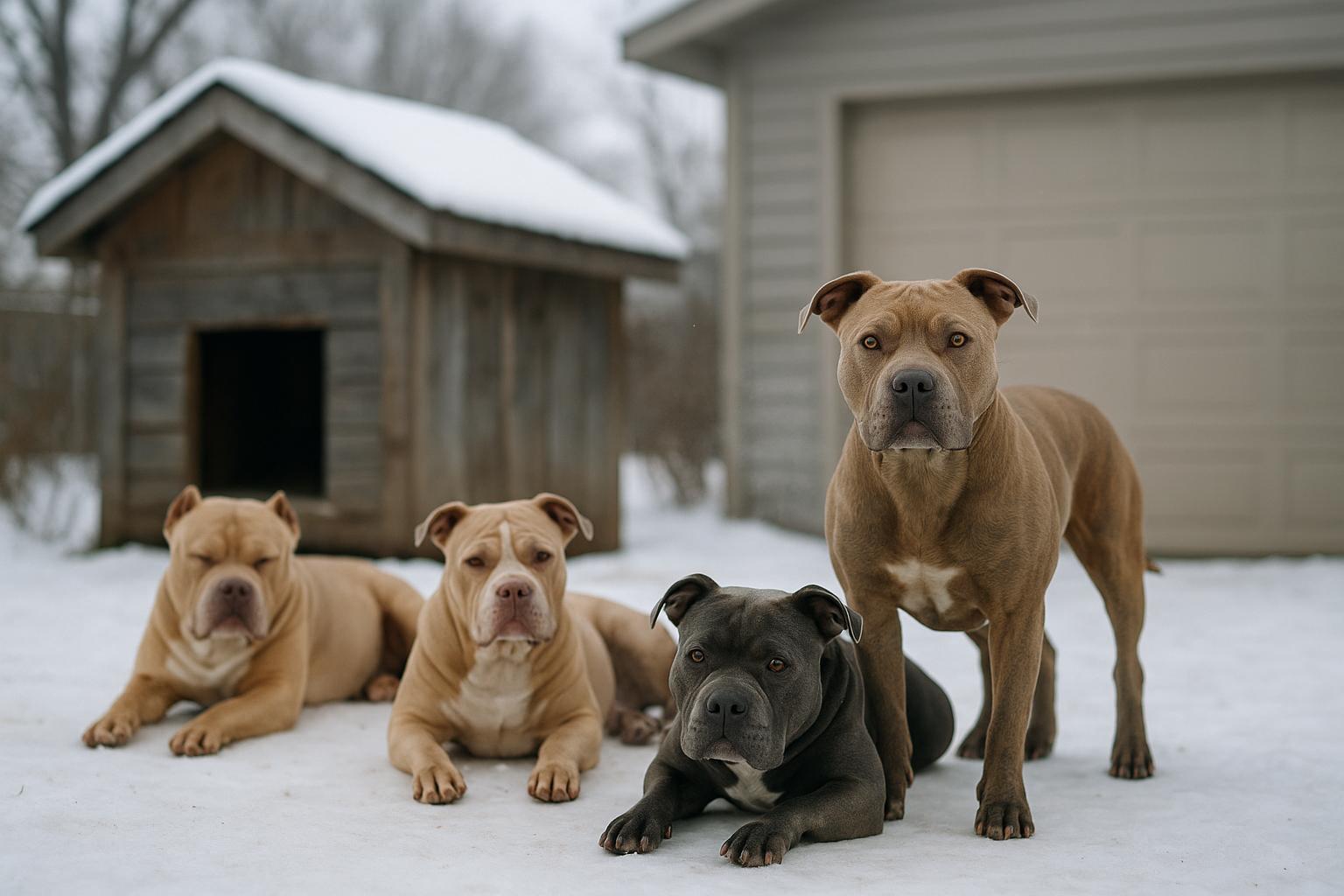 Four bully-breed dogs in a snowy backyard near a kennel and garage in winter, photorealistic.