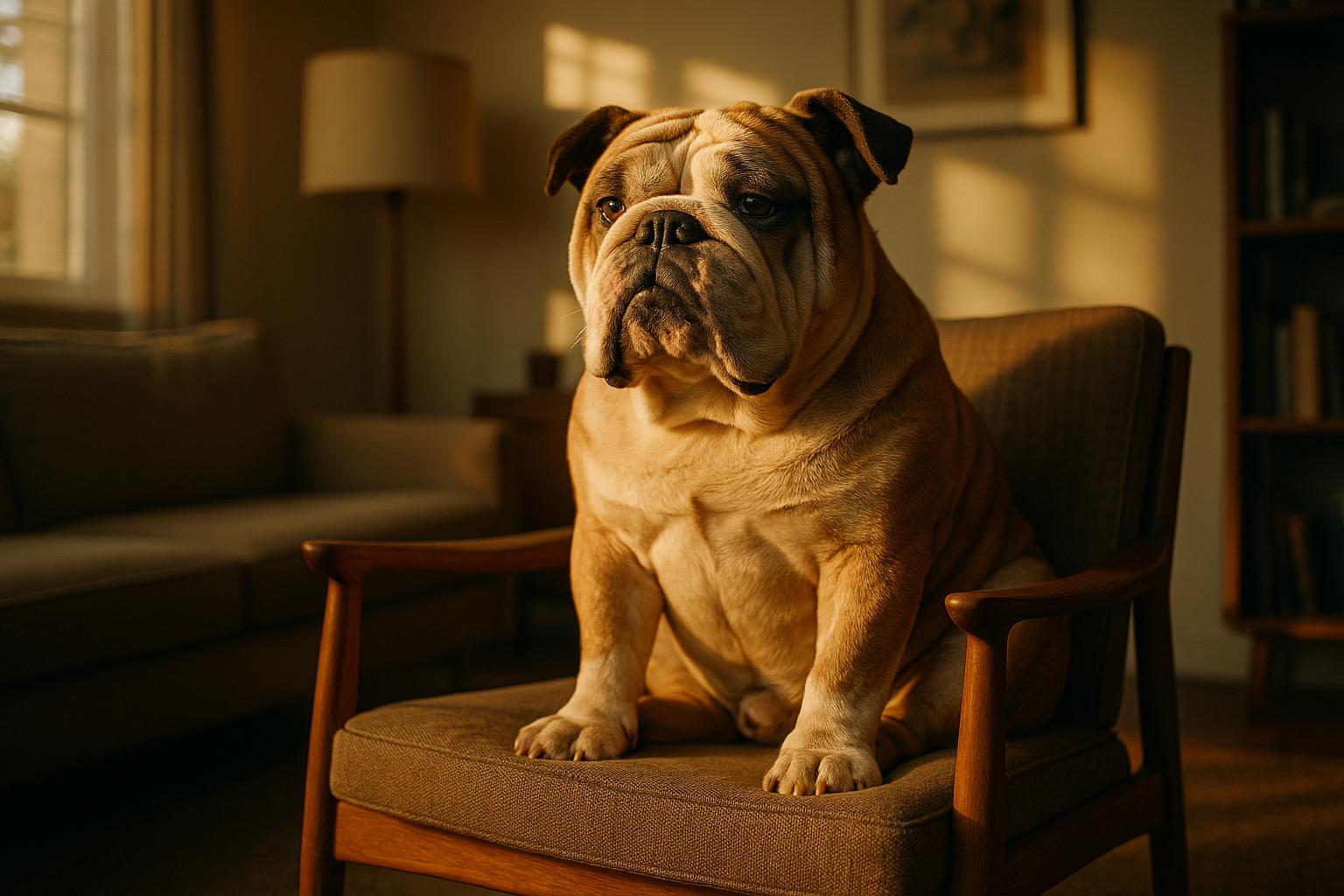 Mug Root Beer bulldog mascot sitting on a chair in a living room set, detailed fur texture, warm sunlight