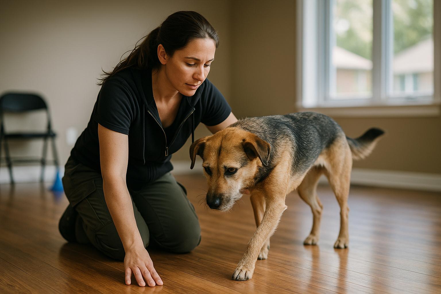 Dog trainer in Mullica Hill gently guiding a mixed-breed dog across a hardwood floor in a training room