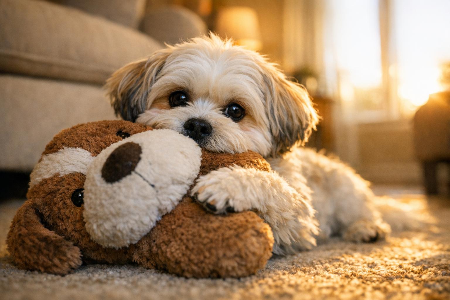 Munchkin the Malshi holding a large plush toy in a living room, low-angle portrait with warm golden-hour light