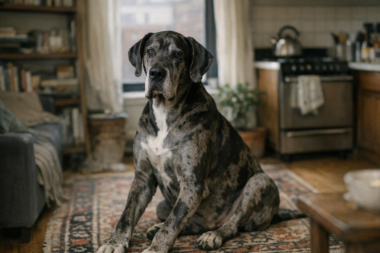 A gentle Great Dane sitting in a small, sunlit New York City apartment, regal posture and a contemplative expression.