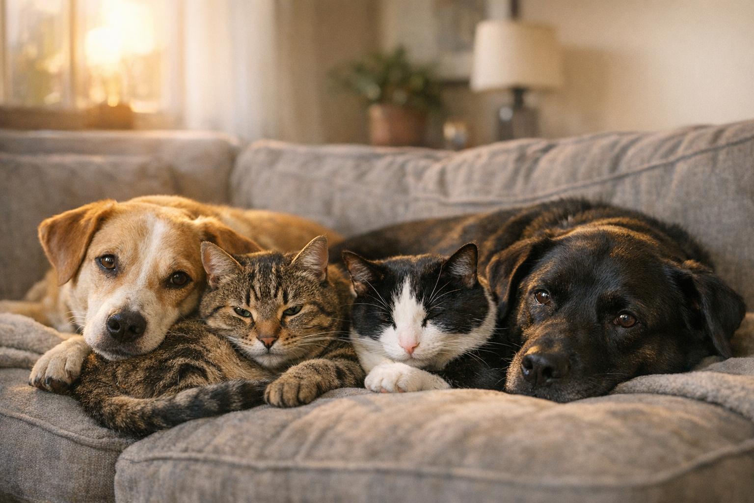 Two dogs and two cats resting together on a couch in an apartment, calm and receiving care after being rescued