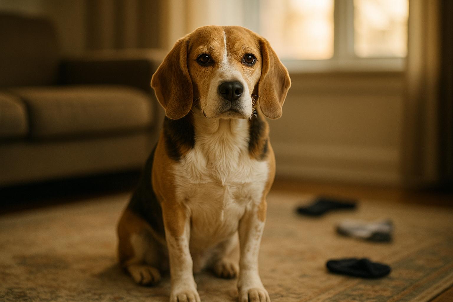 Beagle sitting on a living room rug with socks scattered in the background, photographed in warm window light.