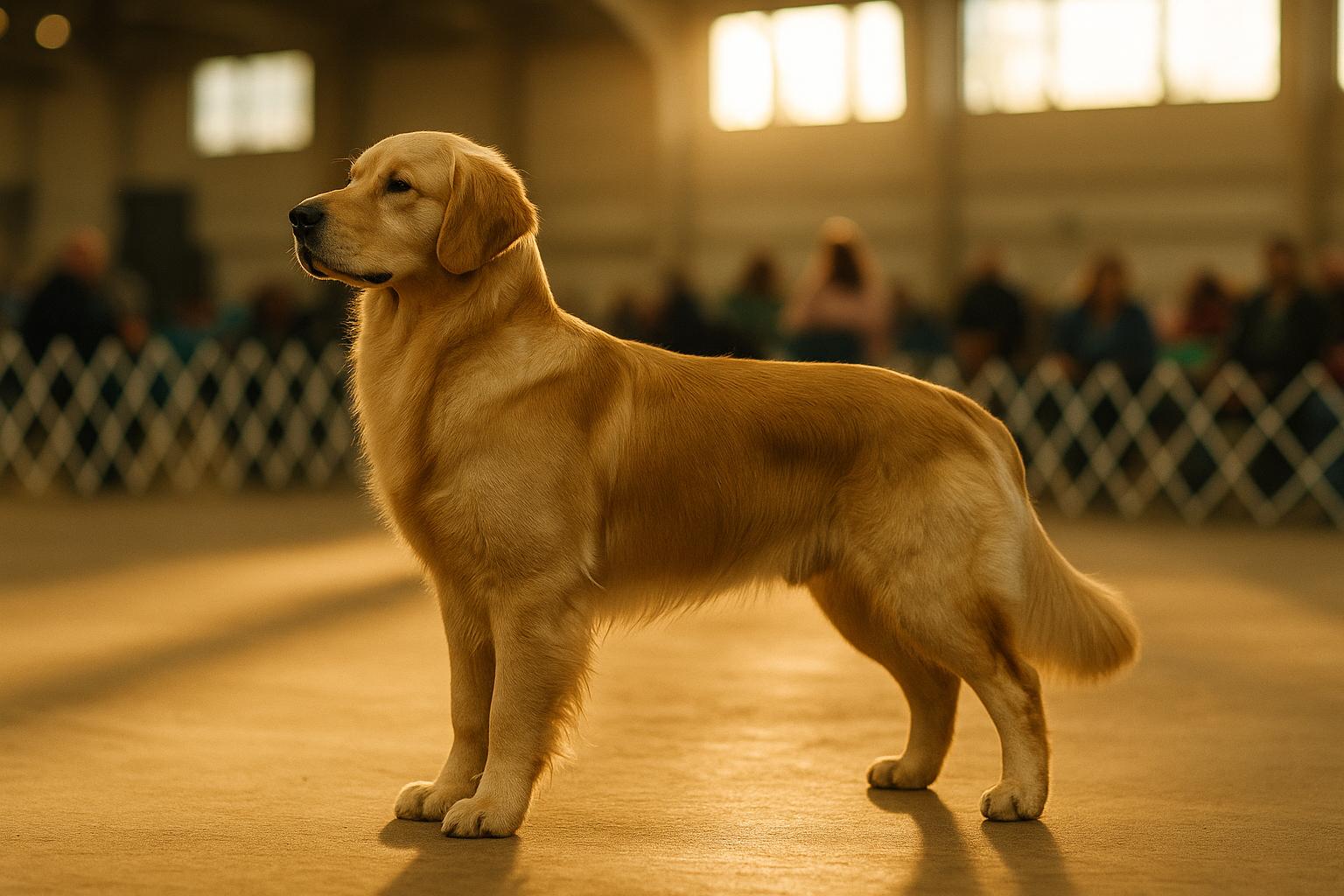 A conformation show dog posed in a ring at an indoor dog show, with spectators and ring barriers in the background.