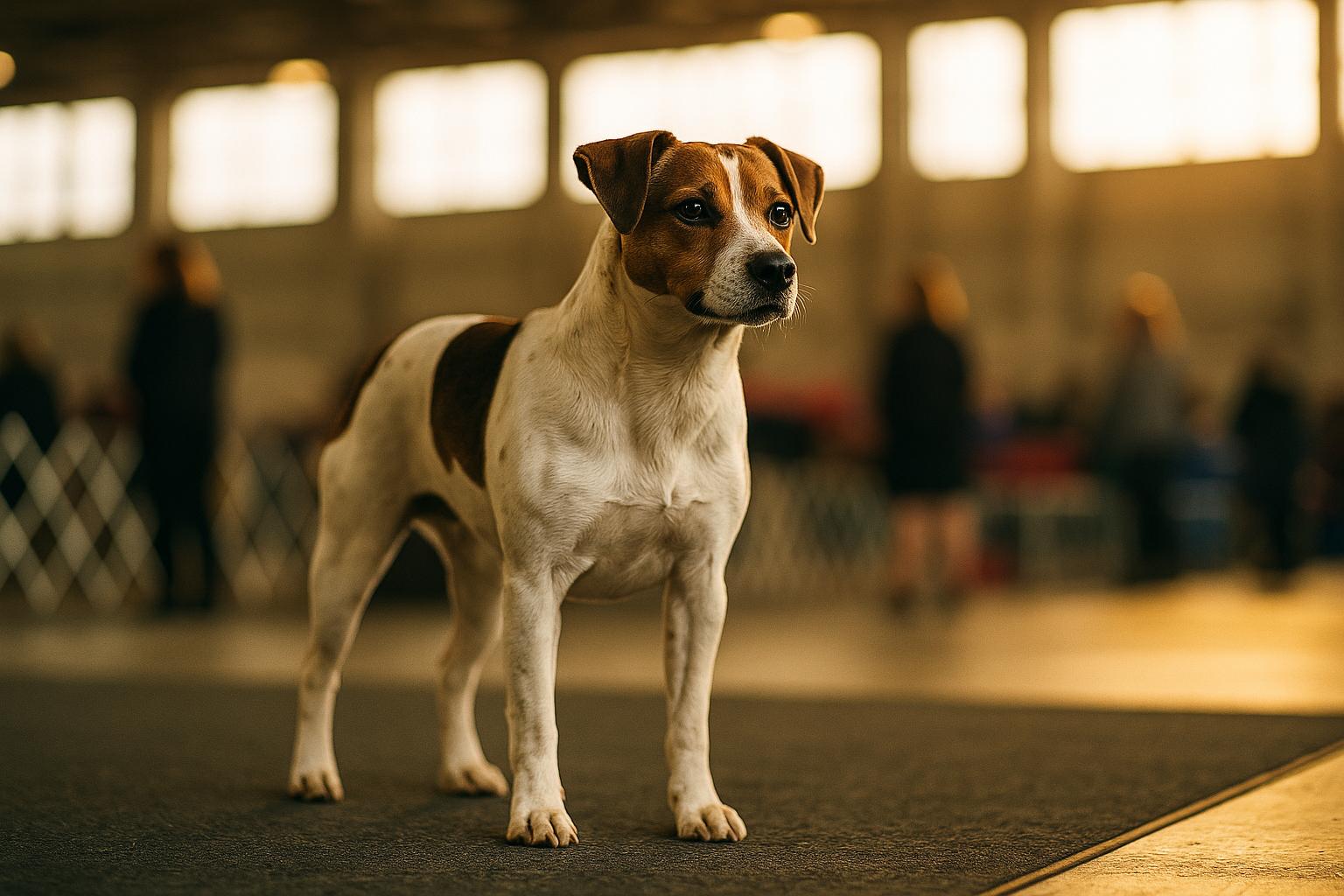 Danish-Swedish Farmdog standing in a show ring inside the Greater Philadelphia Expo Center