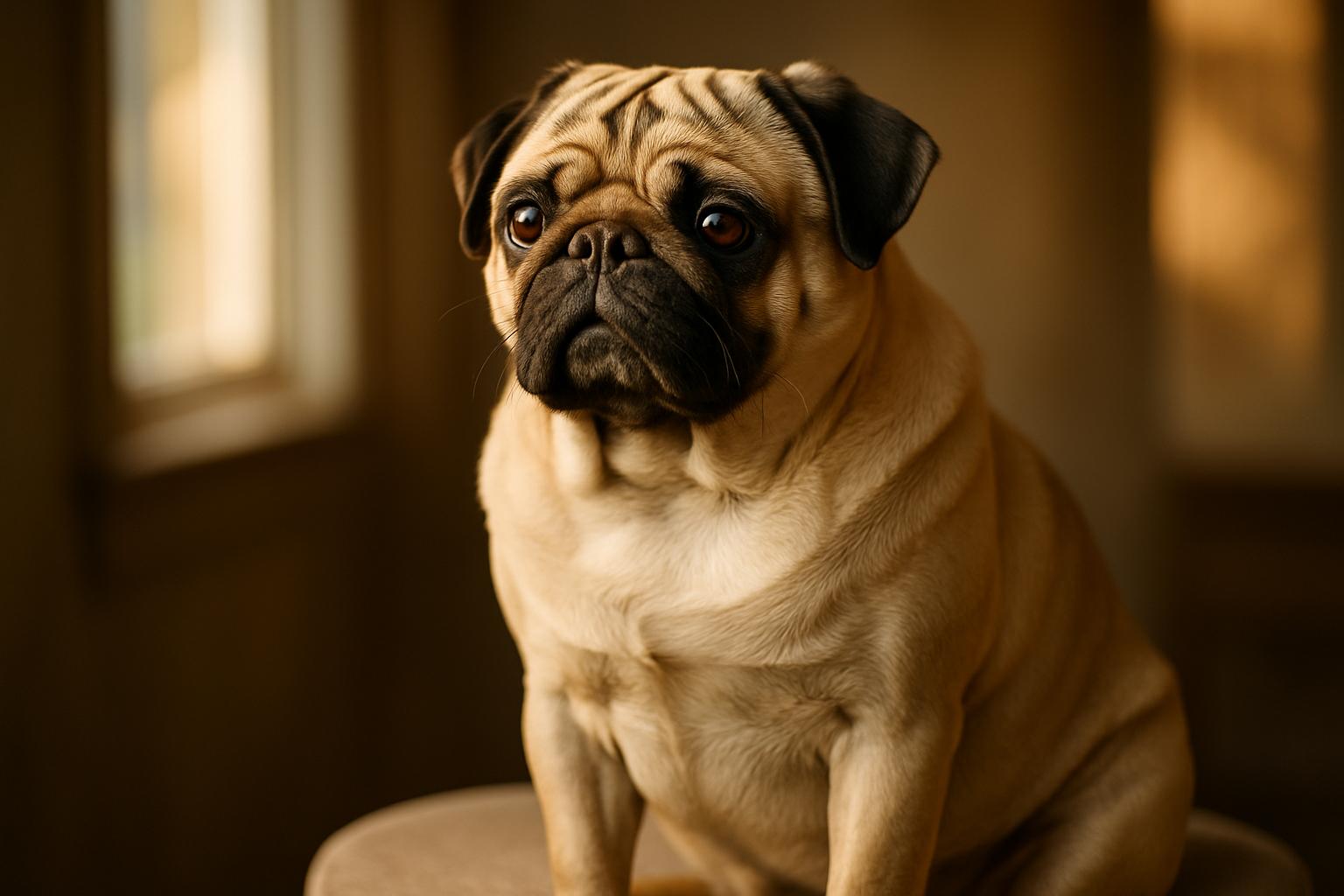 Vito the pug, last year’s Best in Show winner, seated in natural window light for a portrait