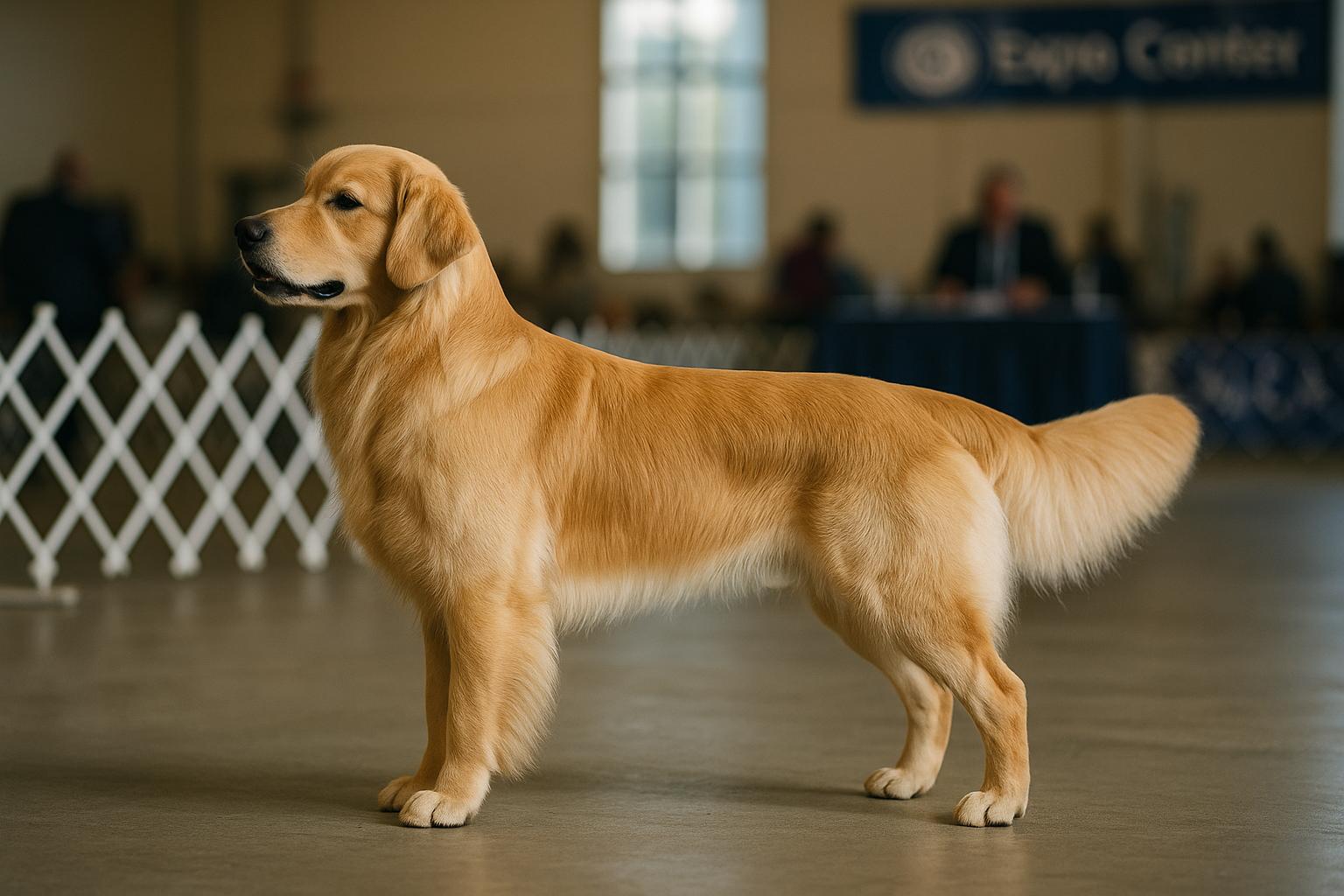 Purebred show dog standing stacked in a ring at an indoor expo center, with judge's table and banners in soft focus.