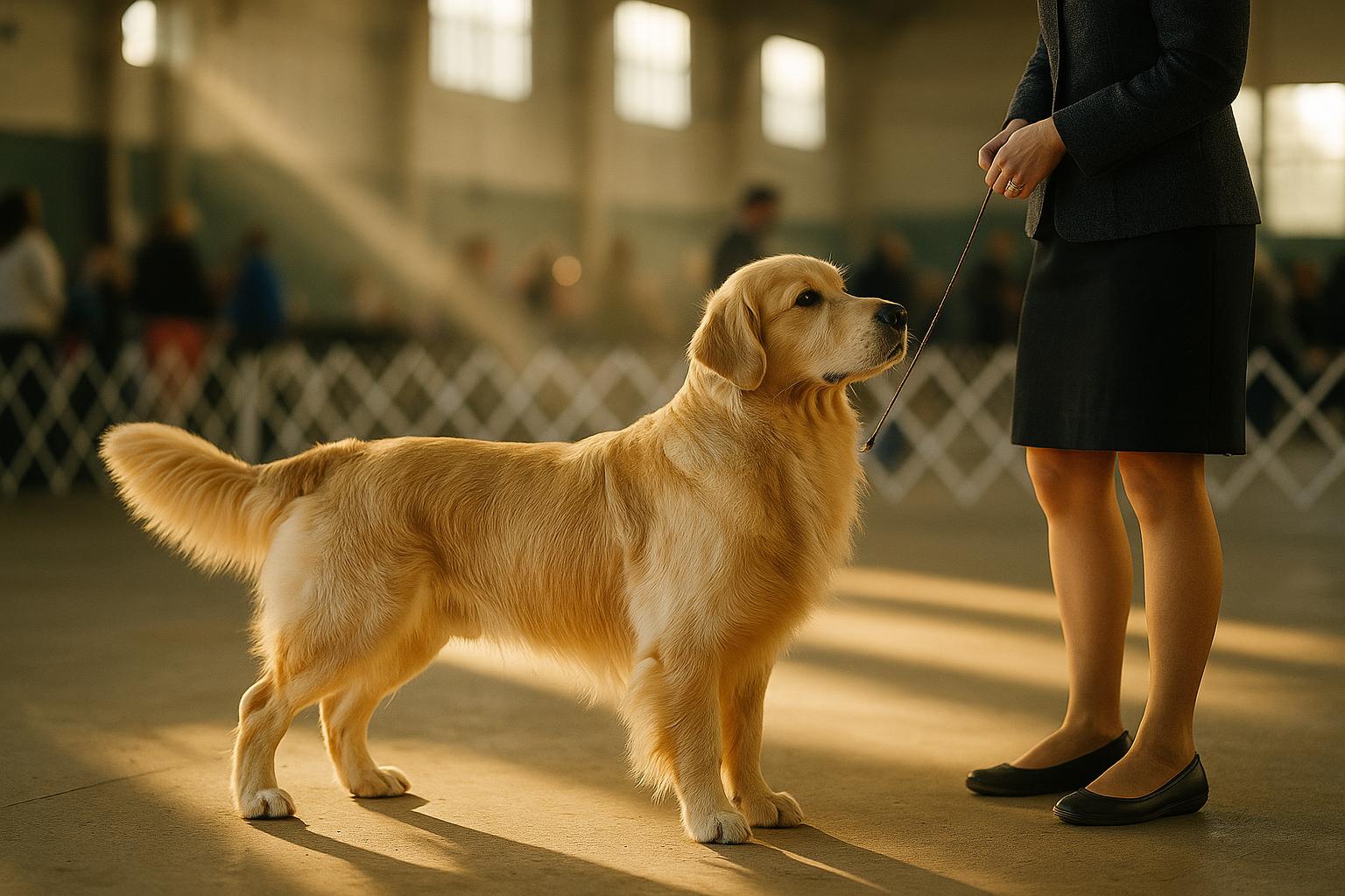 Golden Retriever standing in a dog show ring at an indoor exhibition, handler at its side, soft natural light