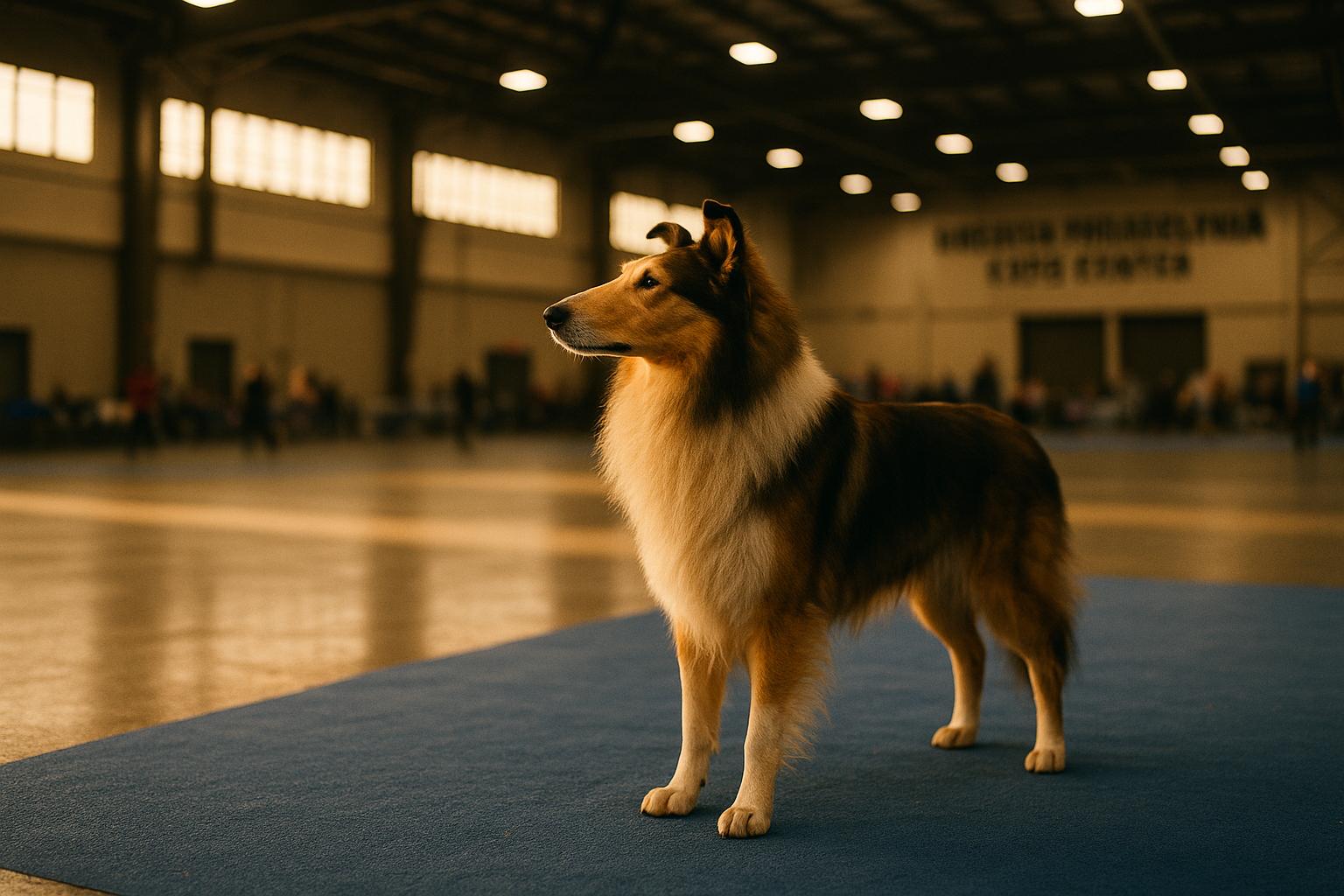A show dog standing on a blue mat inside the Greater Philadelphia Expo Center during a dog show, with judges and ring ropes visible in the soft background light.