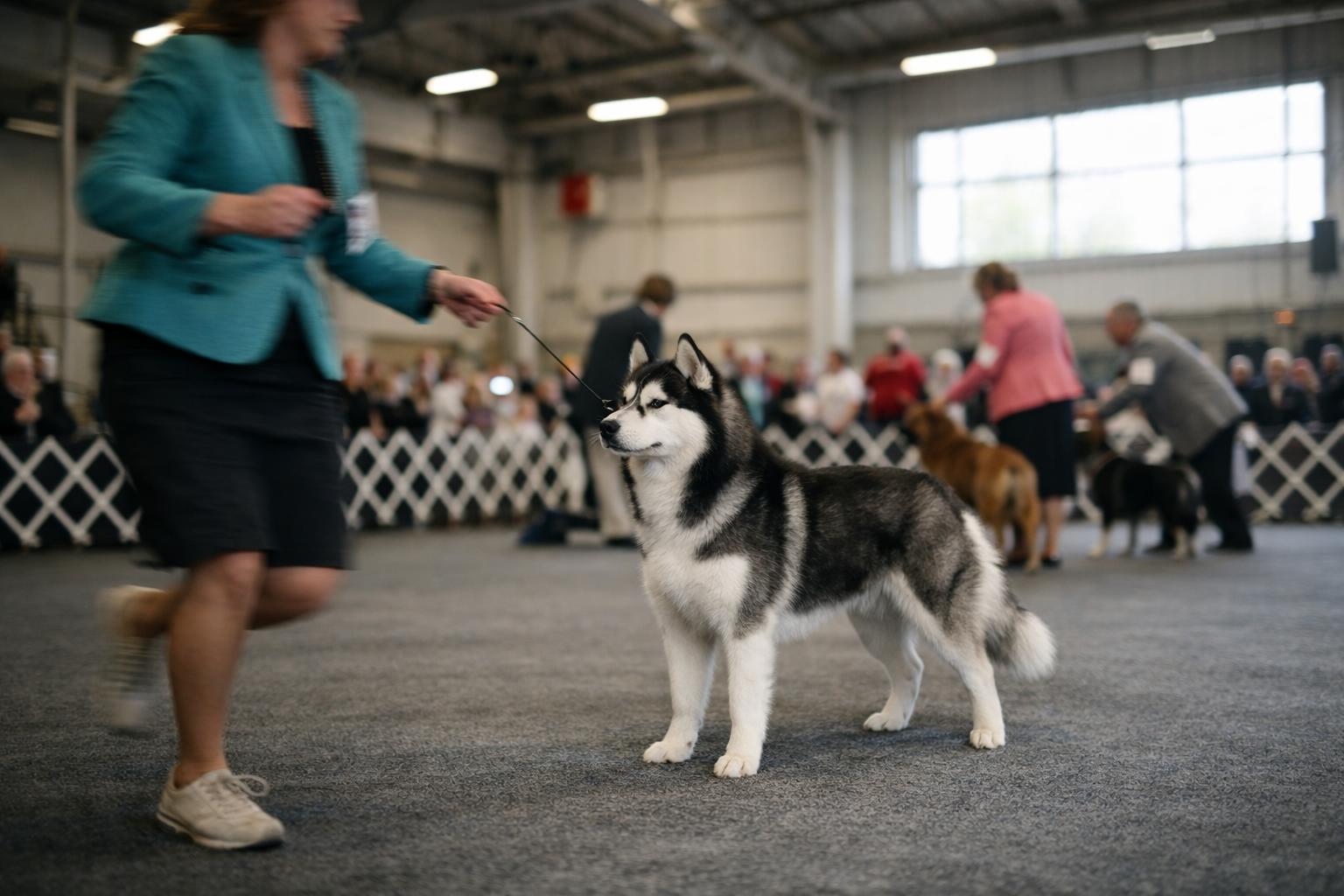 Show dog standing with handler in a conformation ring at an indoor expo center, natural light