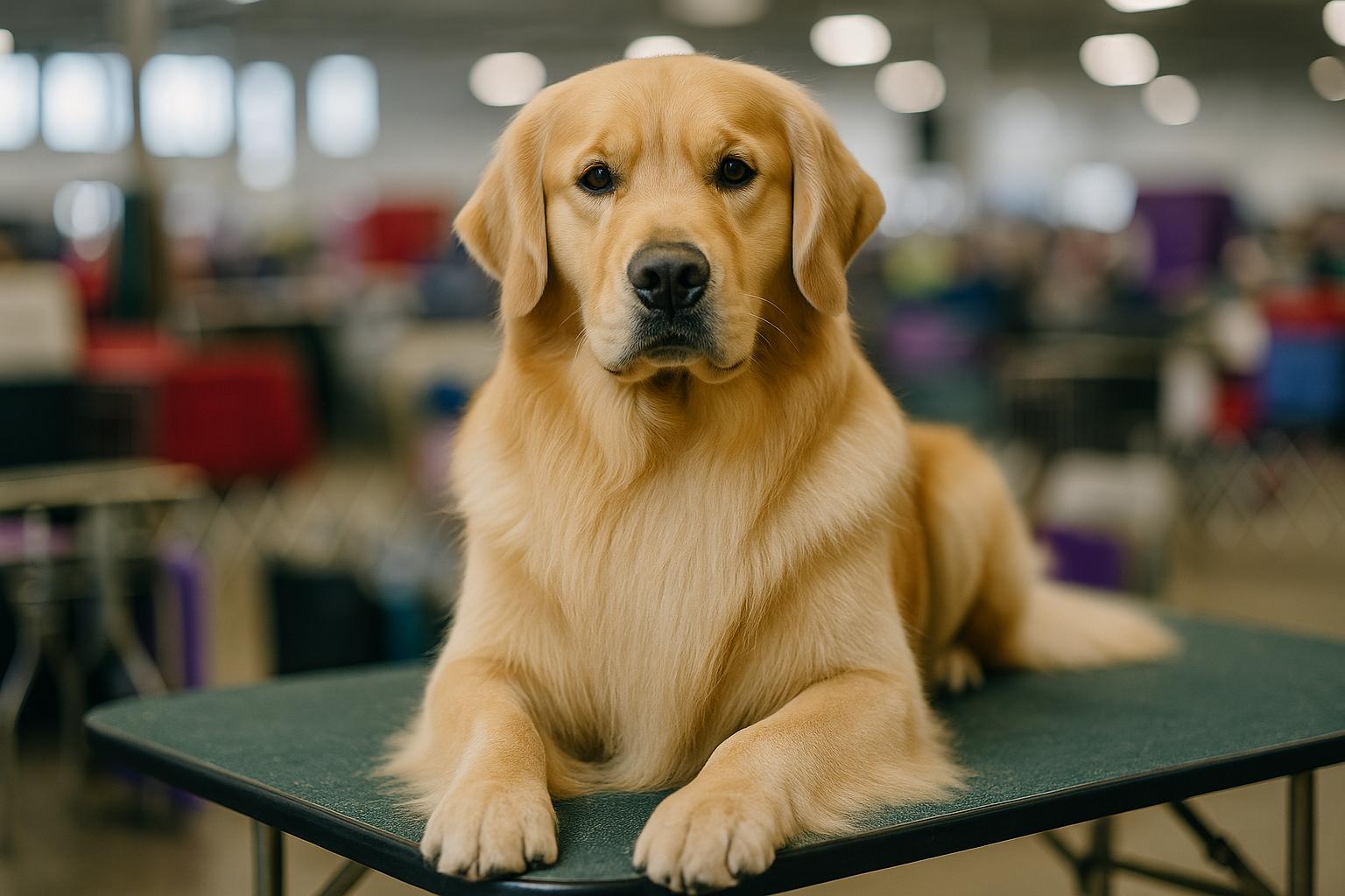 A well-groomed Golden Retriever standing on its bench at an indoor dog show, with handlers and show equipment blurred in the background.