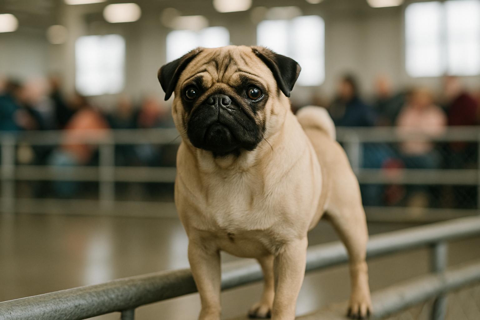 Vito the pug standing in a benched ring at the Greater Philadelphia Expo Center under soft indoor light