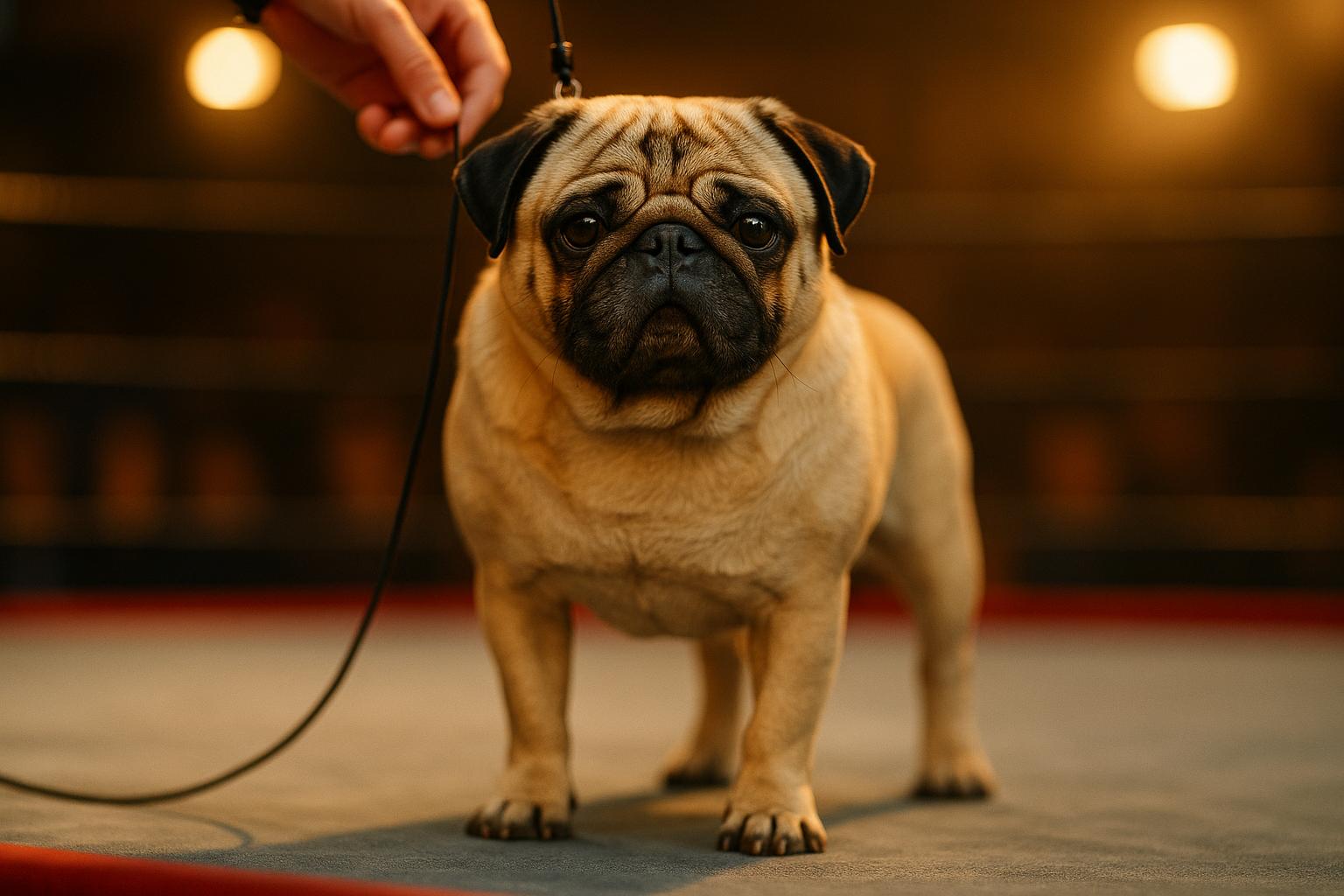 Vito the pug standing on a TV ring carpet under studio lights