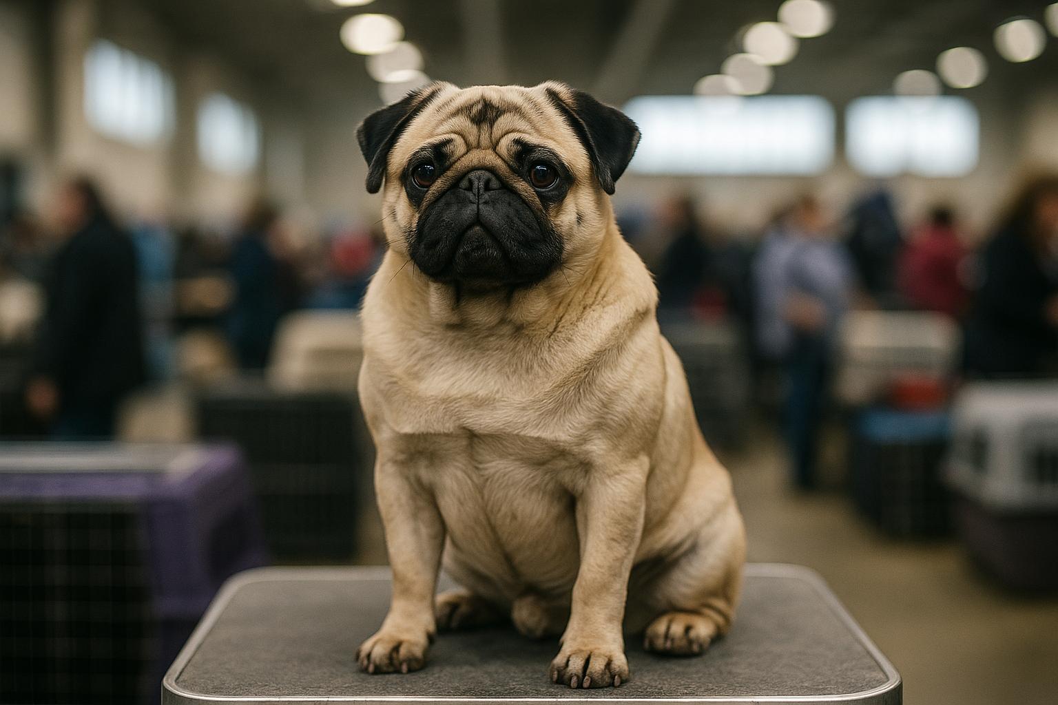 Pug on grooming table at a crowded dog show expo center, with handlers and crates in soft focus