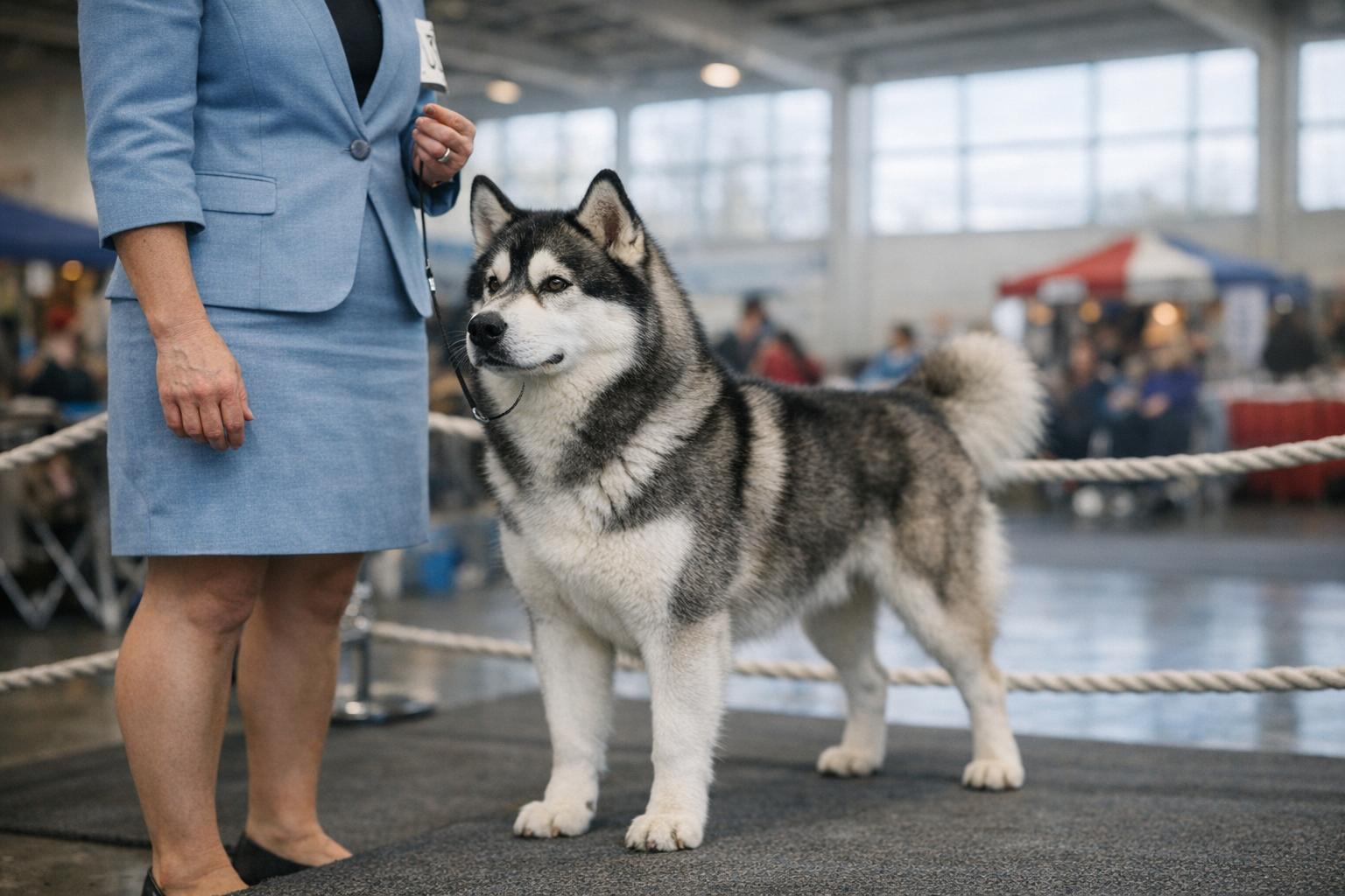 Well-groomed show dog and handler in a roped ring at an indoor dog show, with vendor booths in the blurred background.