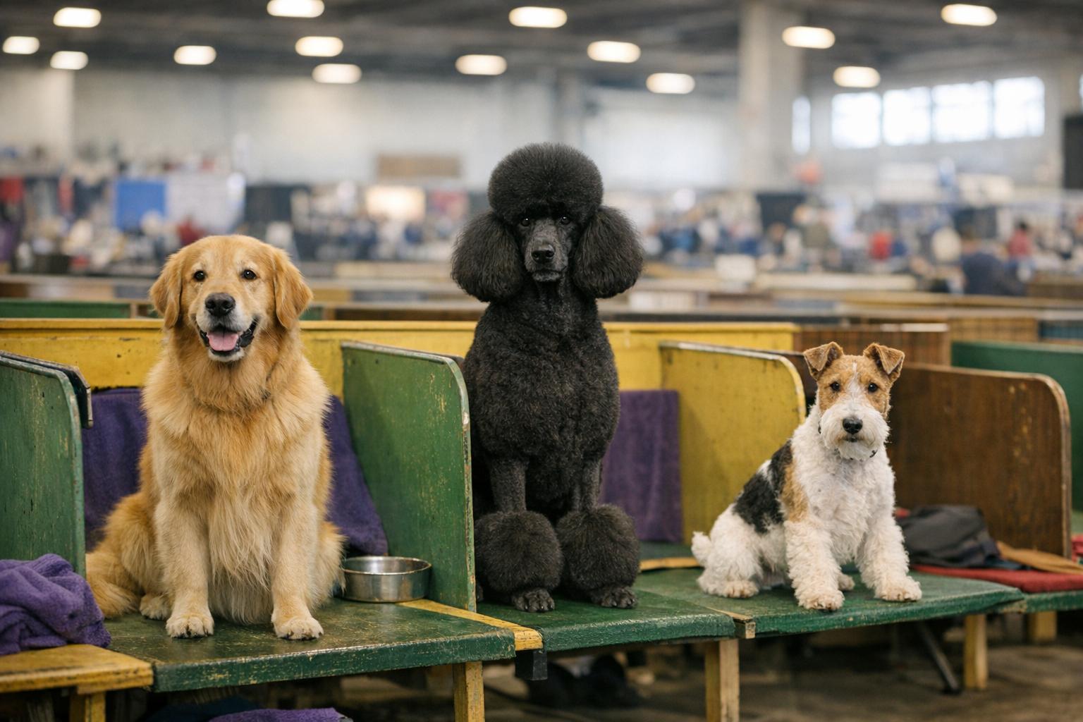 Three show dogs sitting on benches in an expo hall, illustrating a benched dog show setting.