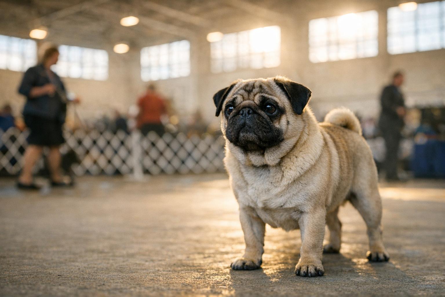 Vito the pug standing in an expo center ring at a dog show, with handlers and spectators blurred in the background