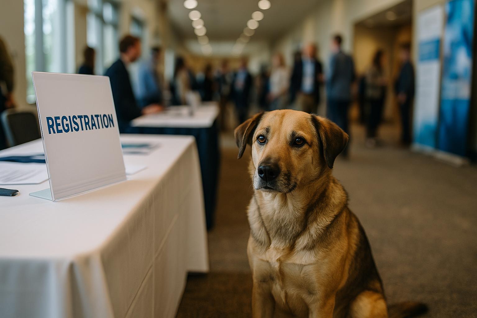 A healthy medium-sized mixed-breed dog sitting calmly beside a conference registration table in an exhibition hall.