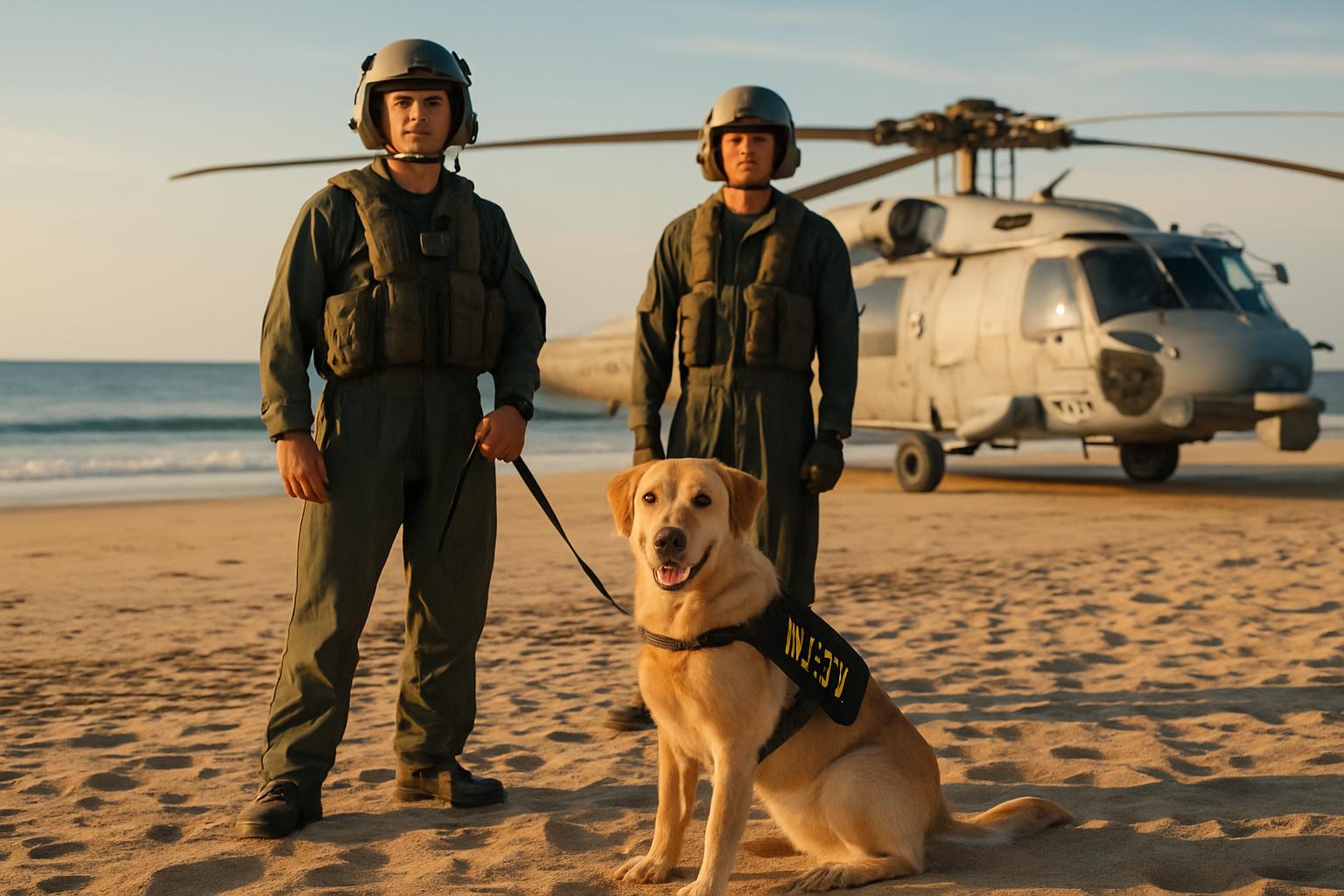 A Navy search-and-rescue working dog with a flight medic and aircrew on a beach near a rescue helicopter at NAS Patuxent River.