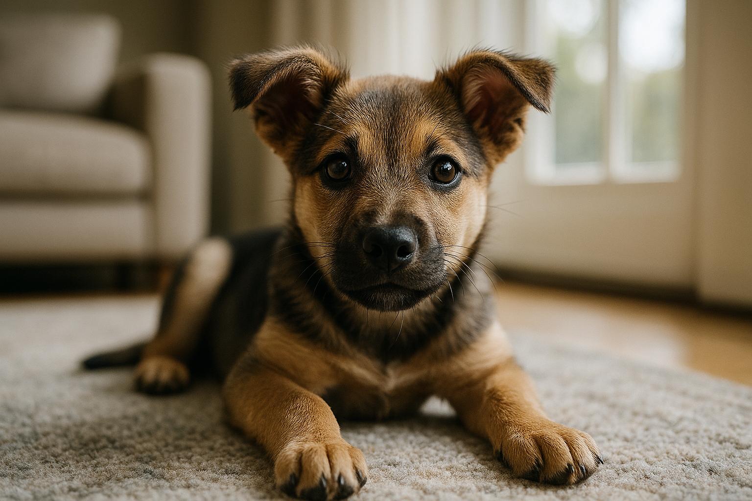 Close-up portrait of a playful mixed-breed puppy on a living room rug in natural window light
